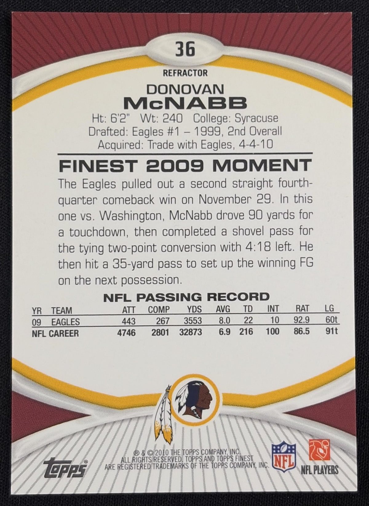 Donovan McNabb 2010 Topps Finest Xfractors /399 Redskins