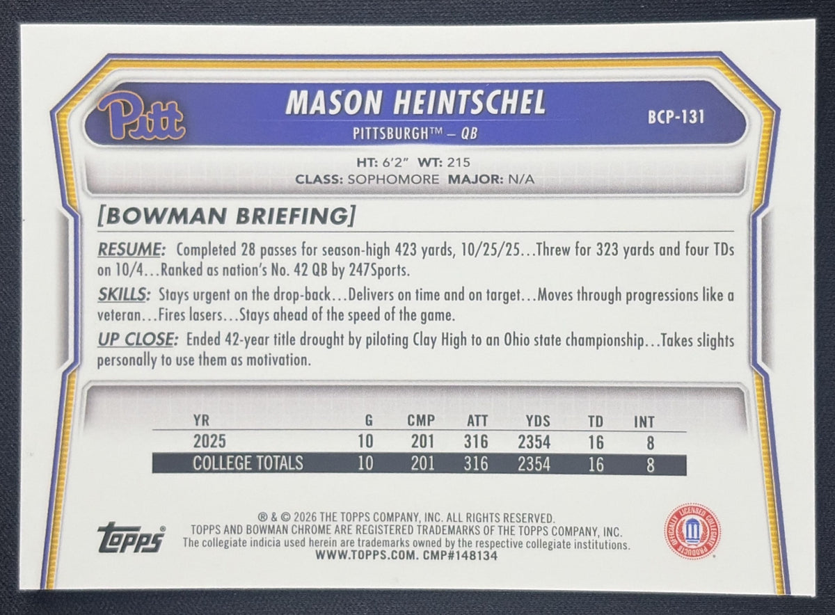 Mason Heintschel 2026 Bowman Chrome Prospects Yellow Mojo Refractor /275 Panthers