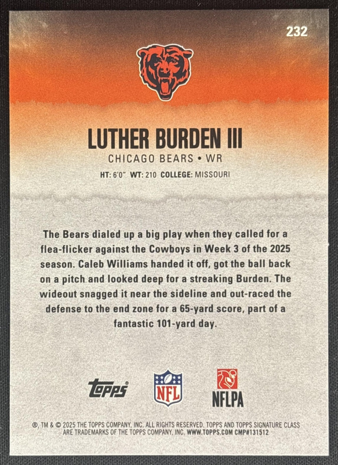Luther Burden III 2025 Topps Signature Class Rookie Green & Purple Foil Bears back