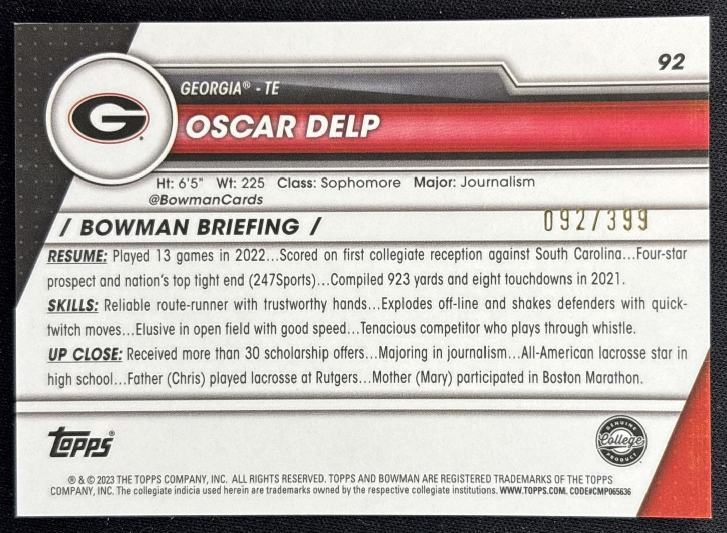 Oscar Delp 2023 University Chrome Purple Mini Diamond Refractor /399 Bulldogs back