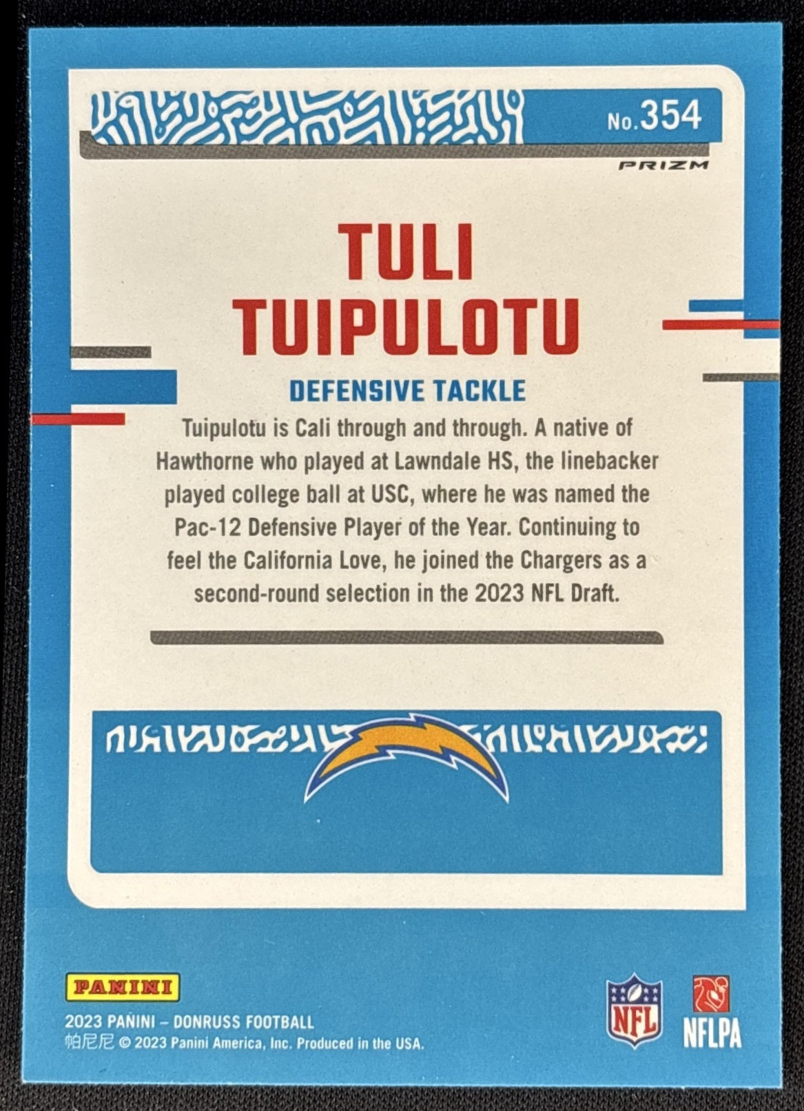 Tuli Tuipulotu 2023 Donruss Optic Rated Rookie Preview Pink Prizm Chargers