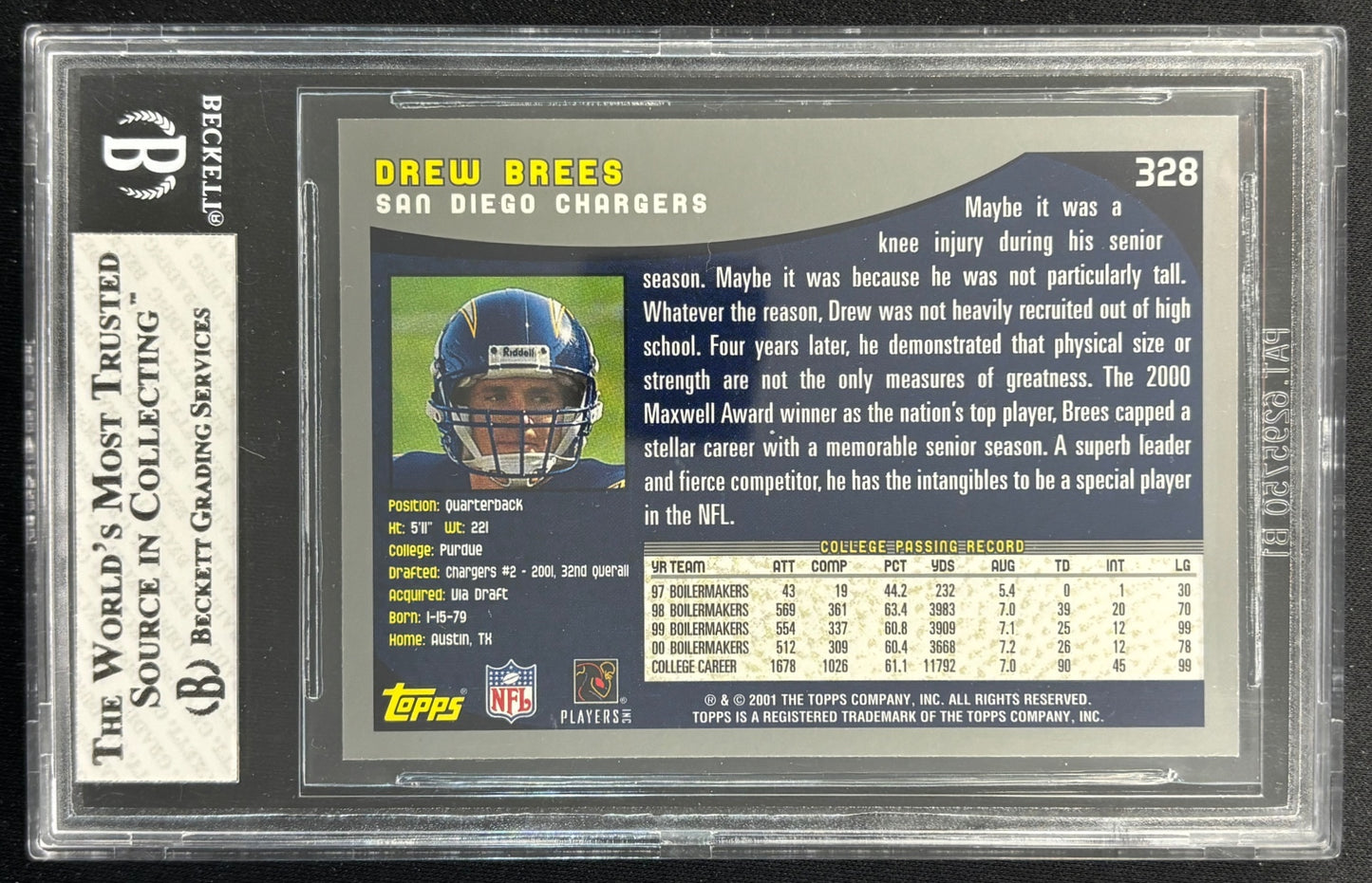 Drew Brees 2001 Topps BGS 8 Rookie Chargers - Back (Wayne Collection)