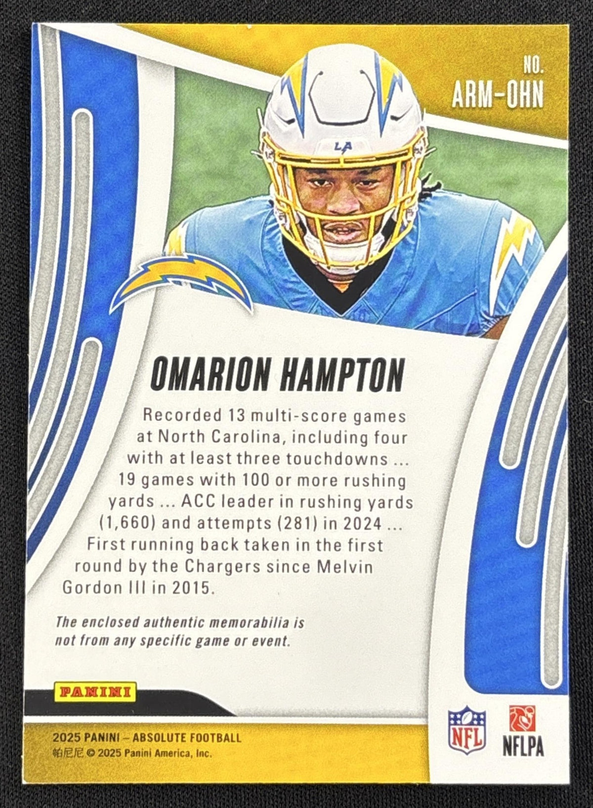 Omarion Hampton 2025 Panini Absolute Rookie Materials Chargers