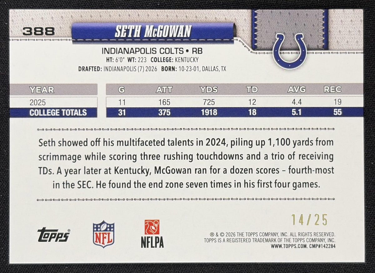 Seth McGowan 2026 Topps Orange Holo Foil /25 Colts