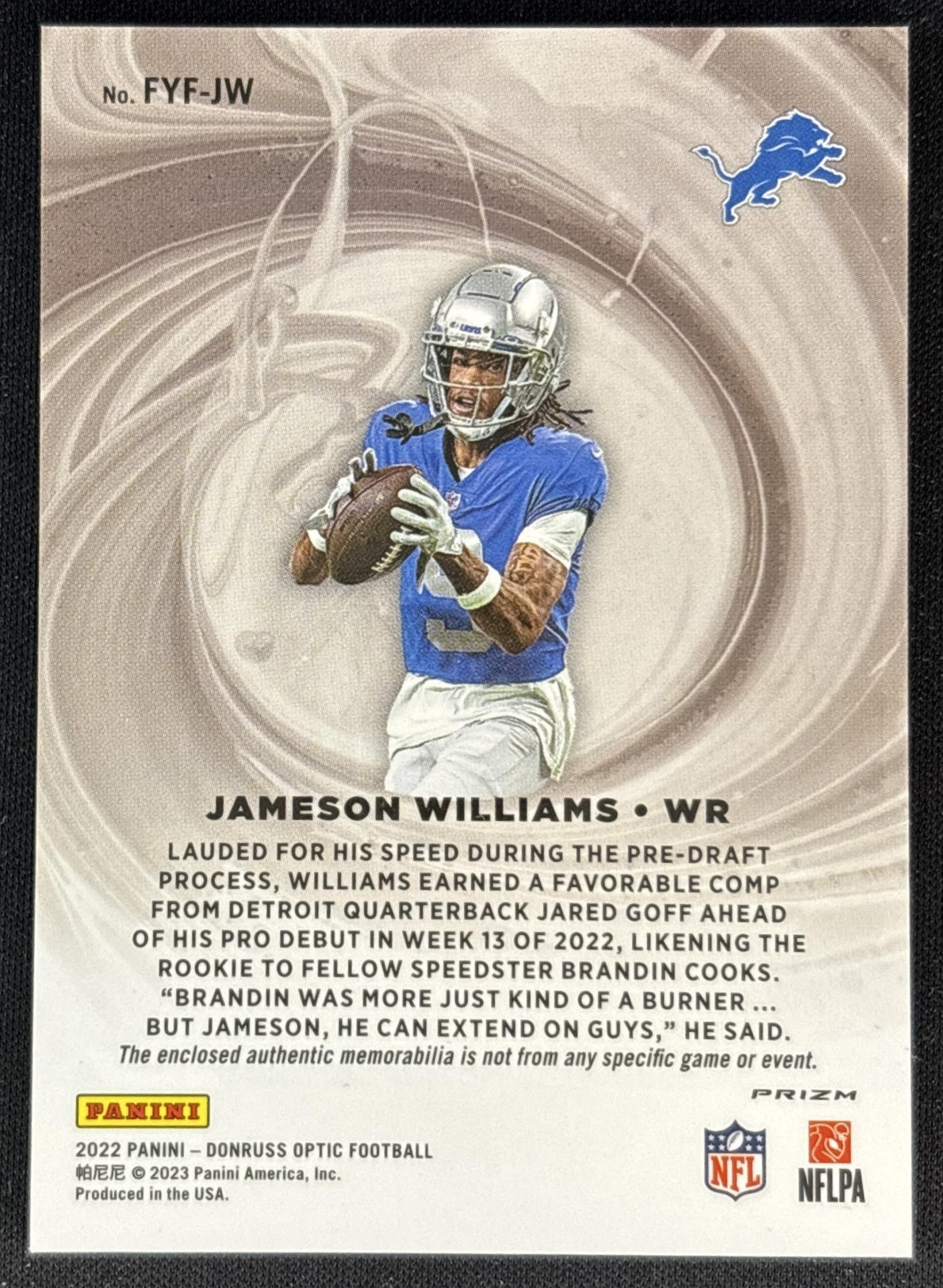 Jameson Williams 2022 Panini Donruss Optic First Year Fresh Blue Hyper Lions Back