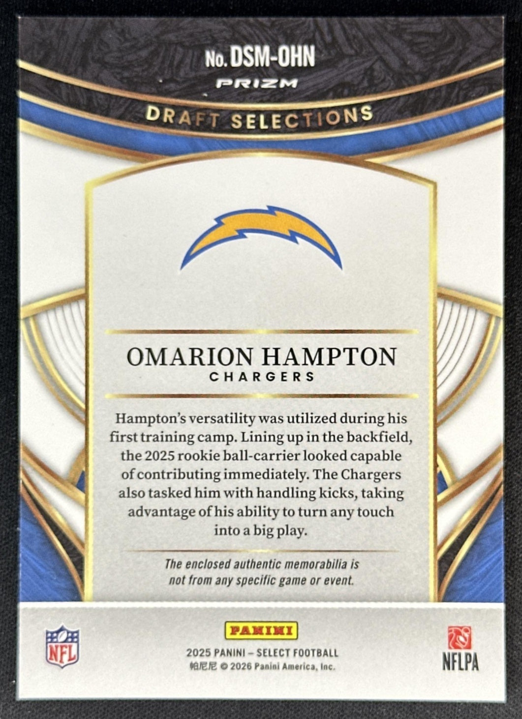 Omarion Hampton 2025 Select Draft Selections Memorabilia Red Prizm Chargers Sports Trading Cards