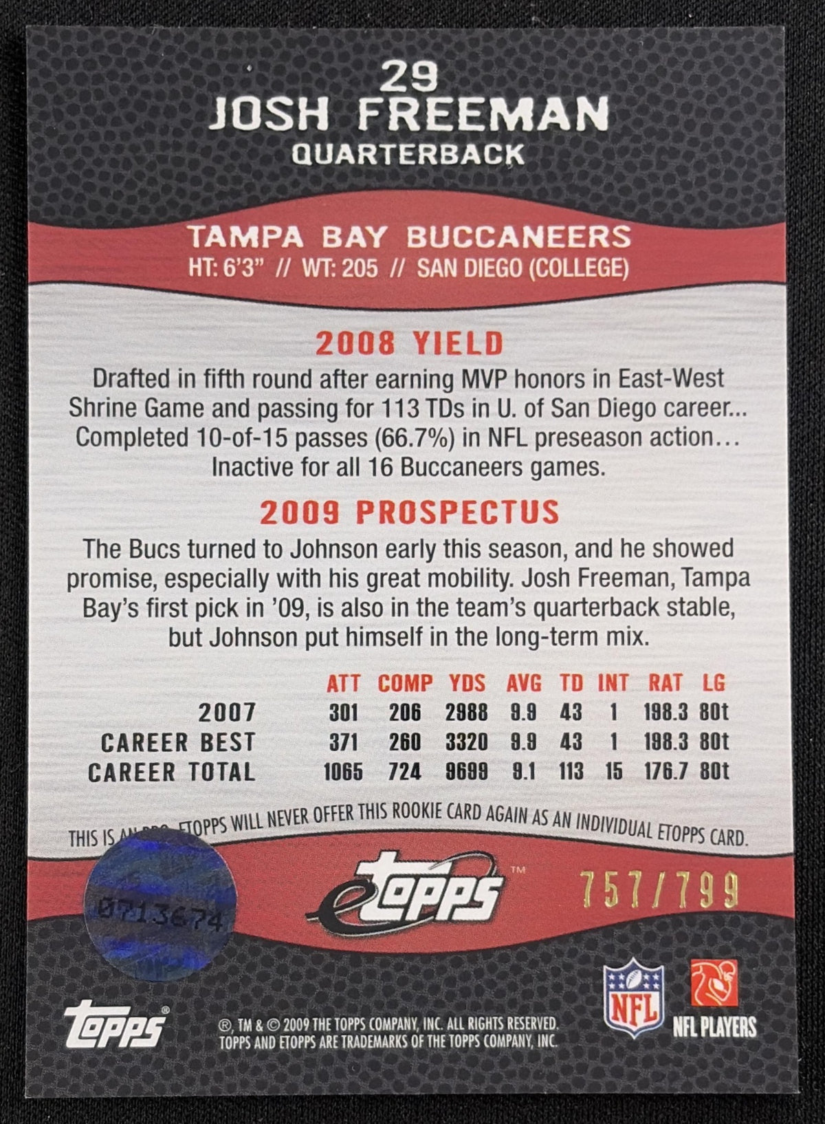 Josh Freeman 2009 Topps eTopps /799 Buccaneers Sports Trading Card