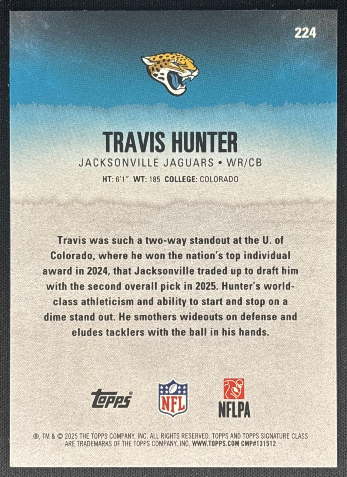 Travis Hunter 2025 Topps Signature Class Rookie Green & Purple Foil Jaguars back