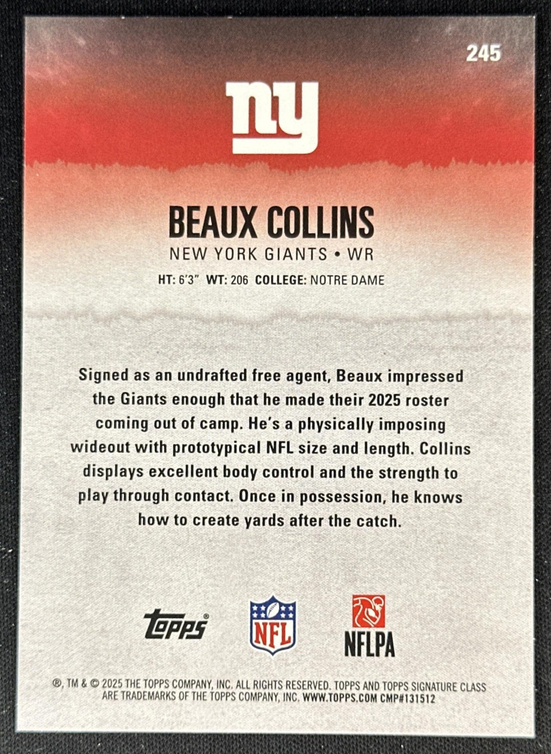Beaux Collins 2025 Topps Signature Class Green & Purple Rookie Giants back