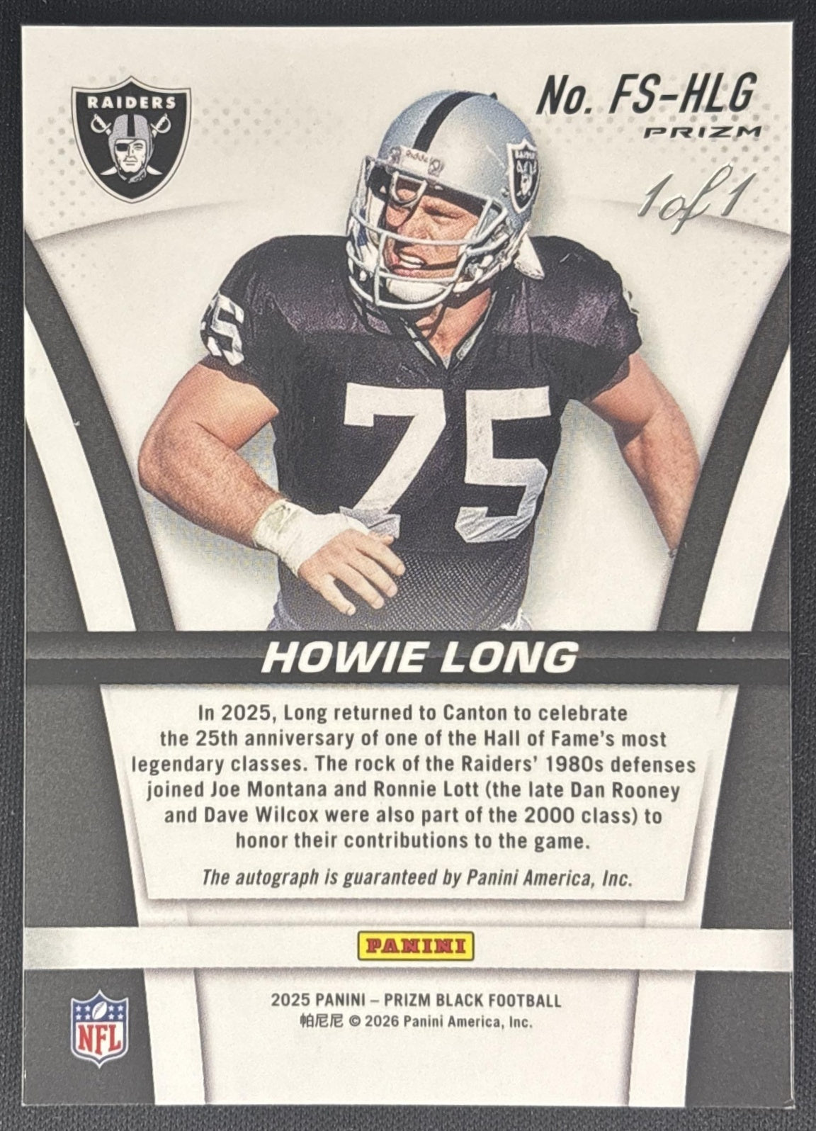 Howie Long 2025 Panini Prizm Black Flashback Signatures 1/1 Raiders Sports Trading Cards