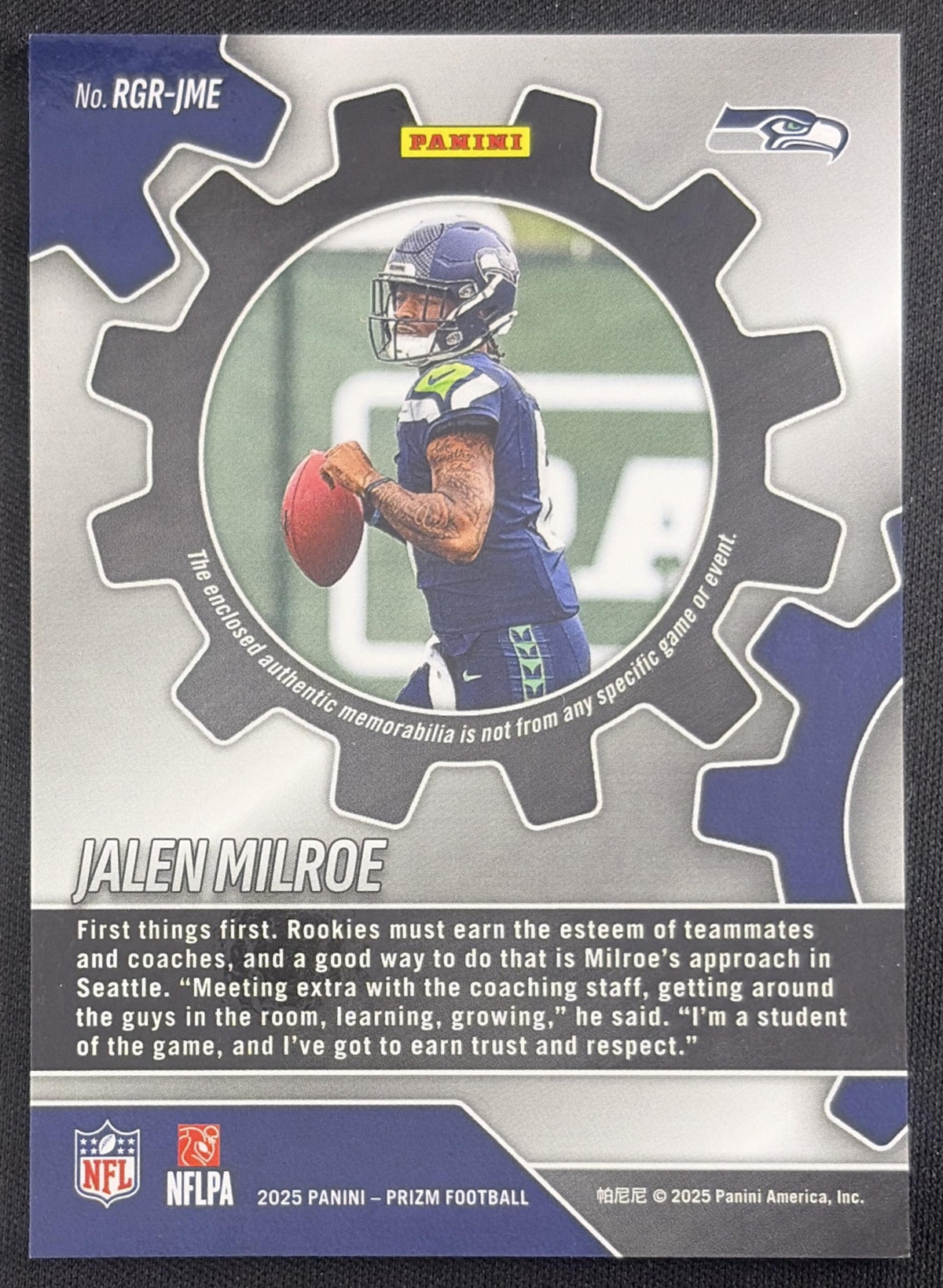 Jalen Milroe 2025 Panini Prizm Rookie Gear Seahawks