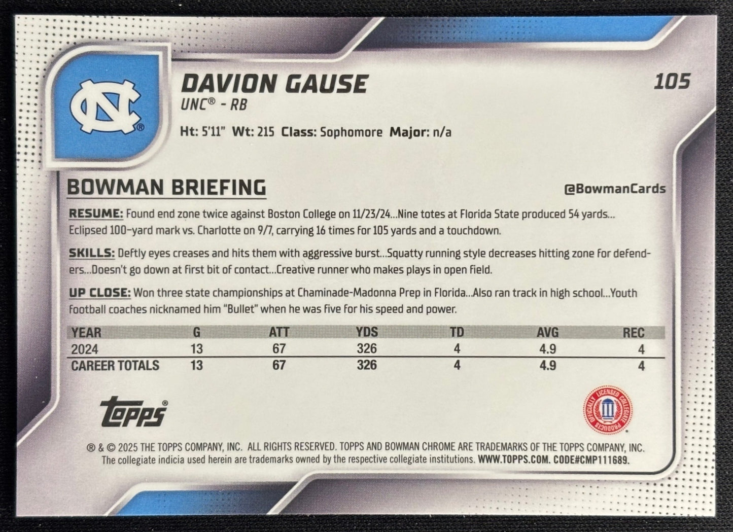 Back of Davion Gause 2025 Chrome University Prospects Green Refractor /99 Tar Heels