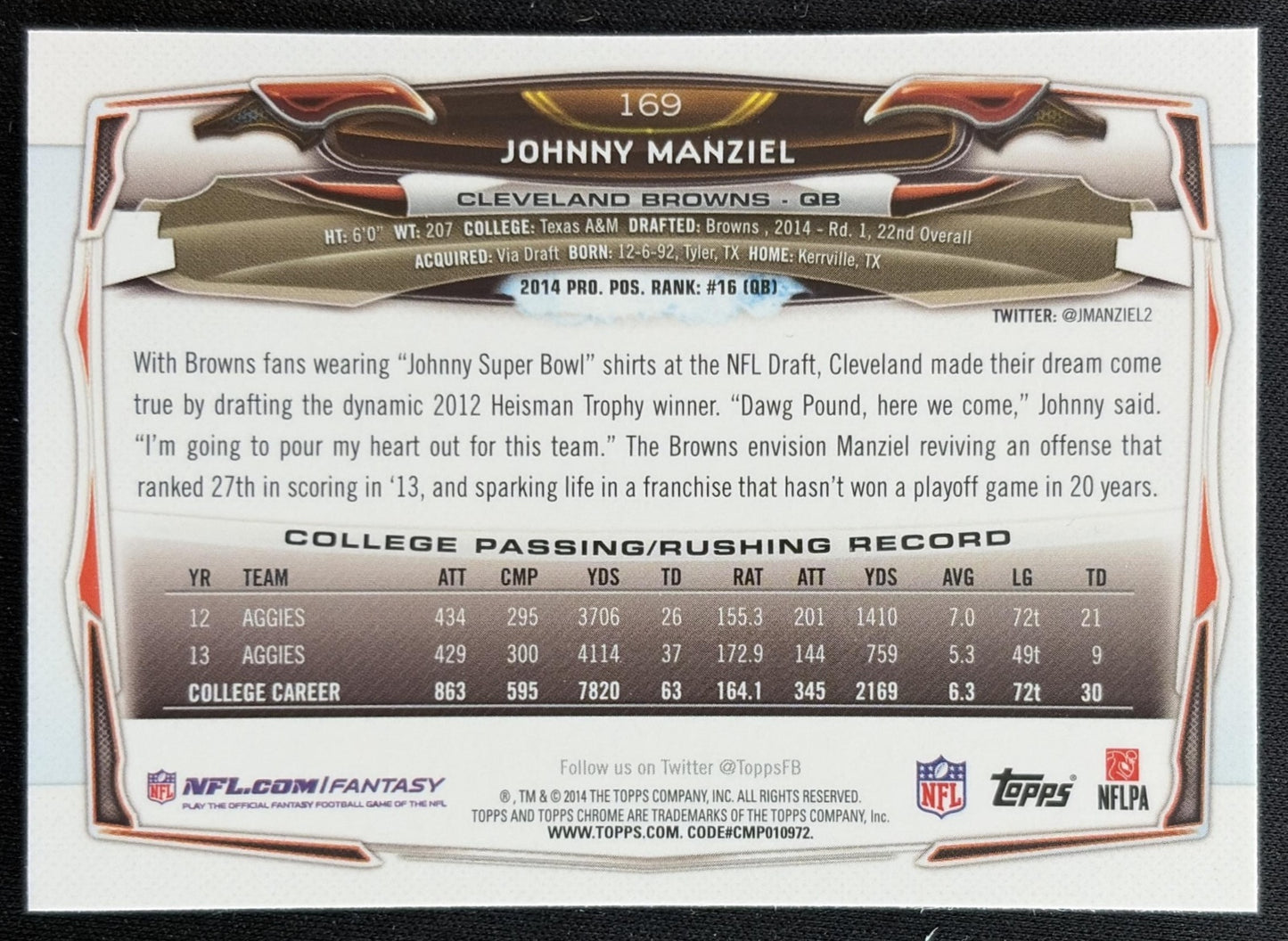 Johnny Manziel 2014 Topps Chrome Browns back
