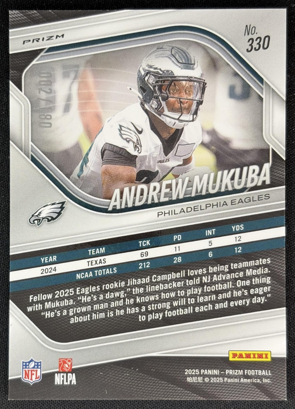 Andrew Mukuba 2025 Panini Prizm Hyper /200 Eagles Back
