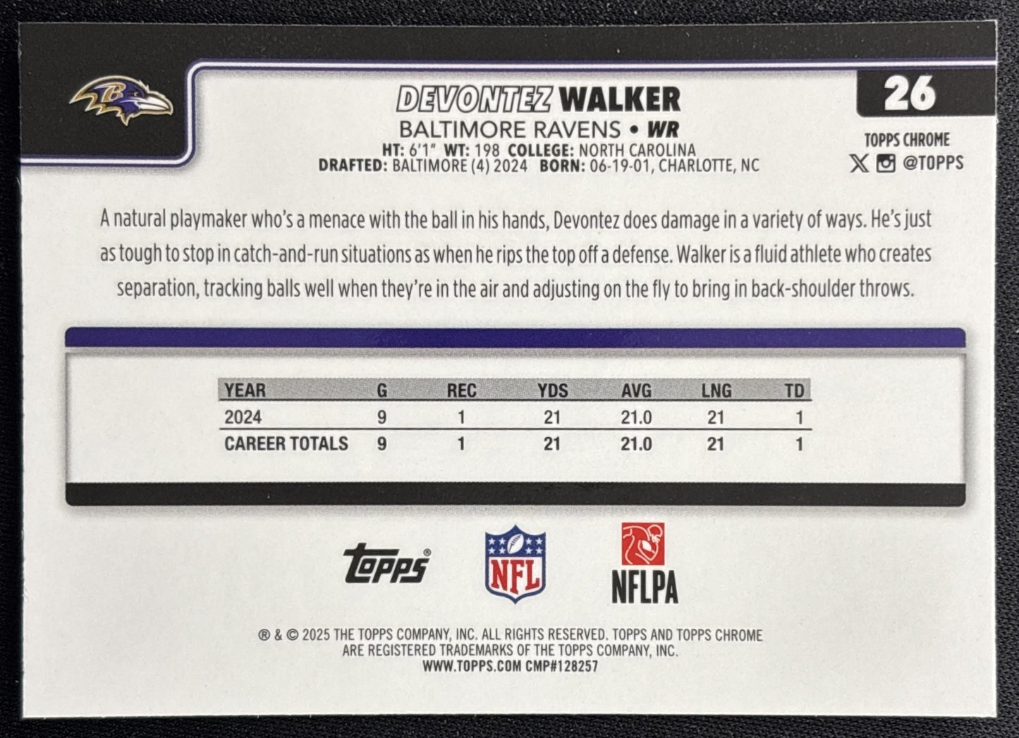 Devontez Walker 2025 Topps Chrome RayWave Refractor Ravens Sports Trading Cards