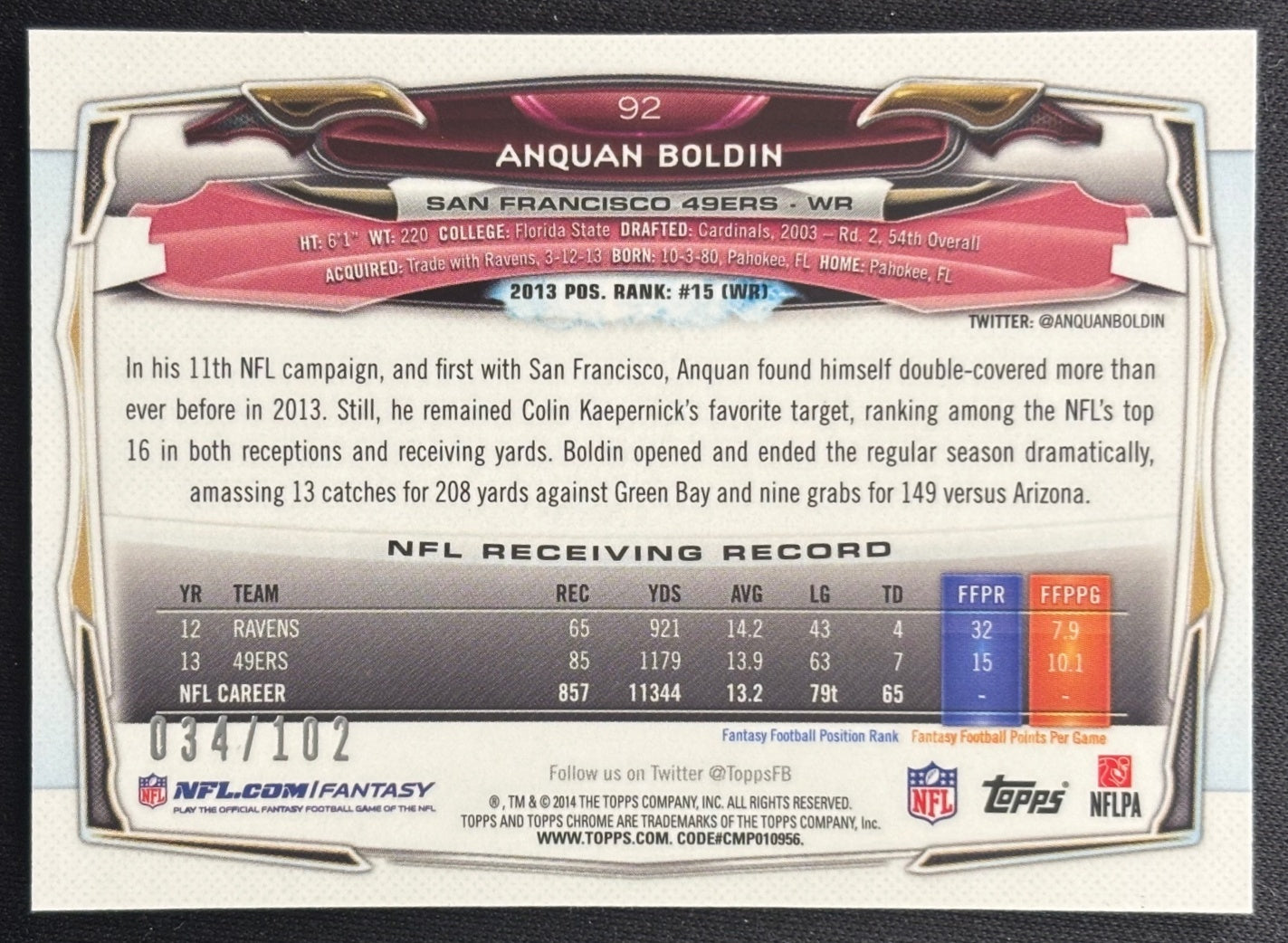 Anquan Boldin 2014 Chrome Mini Pulsar Refractor /102 49ers