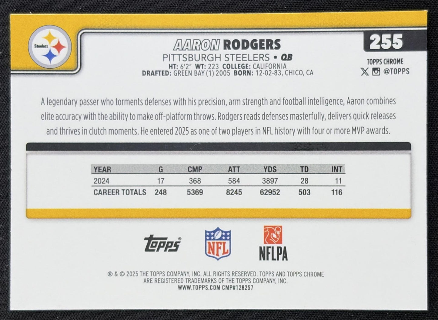 Aaron Rodgers 2025 Topps Chrome Teal Refractor /299 Steelers Pittsburgh Steelers
