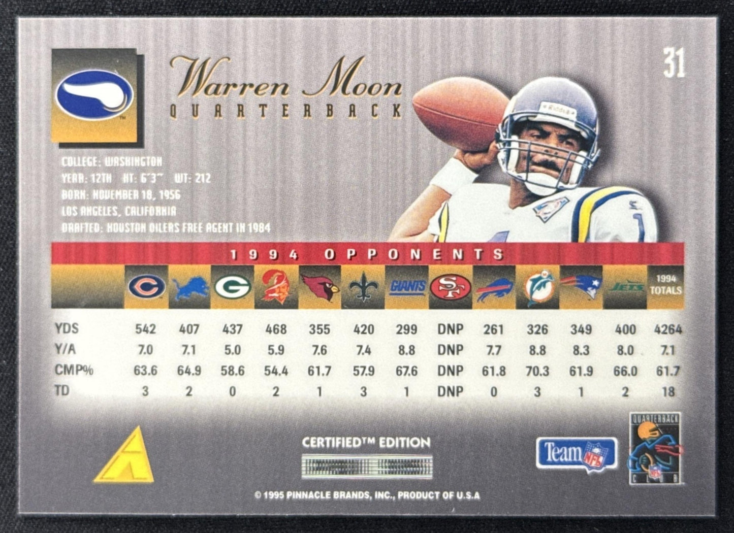 Warren Moon 1995 Pinnacle Select Certified Vikings Sports Trading Card
