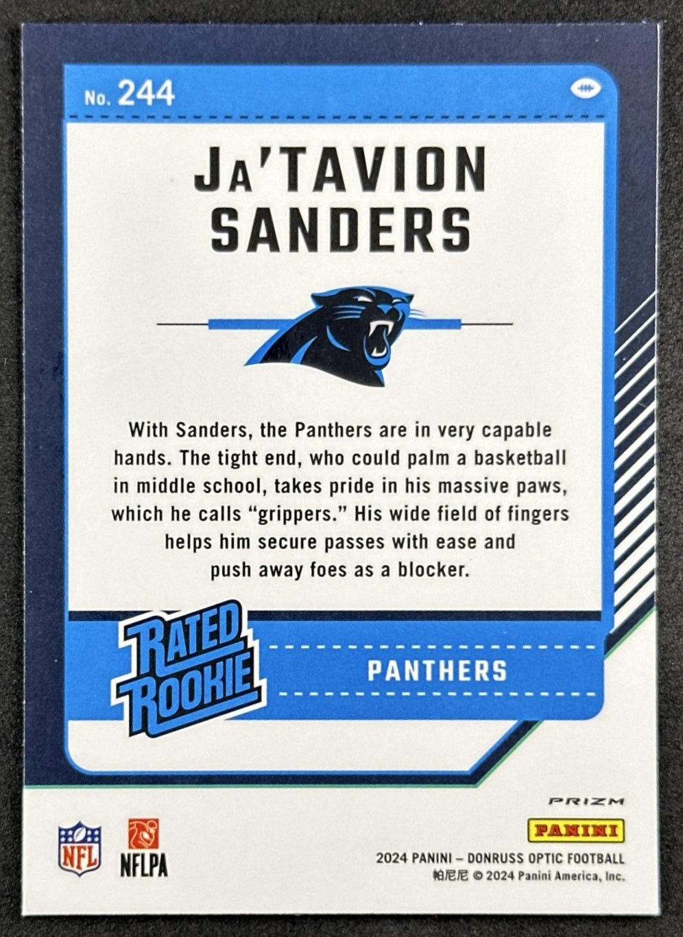 Ja'Tavion Sanders 2024 Panini Donruss Optic Green Hyper Panthers Back