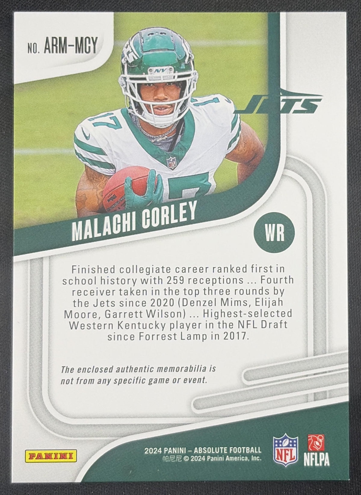 Malachi Corley 2024 Panini Absolute Rookie Materials Jets