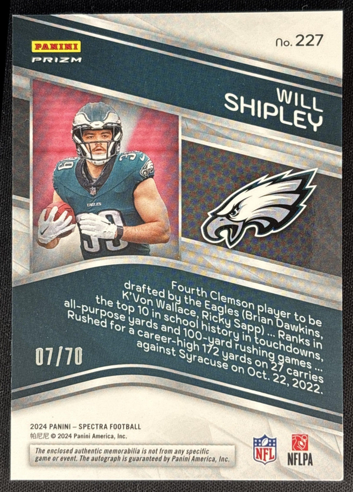 Will Shipley 2024 Panini Spectra Rookie Patch Auto Supernova /70 Eagles back
