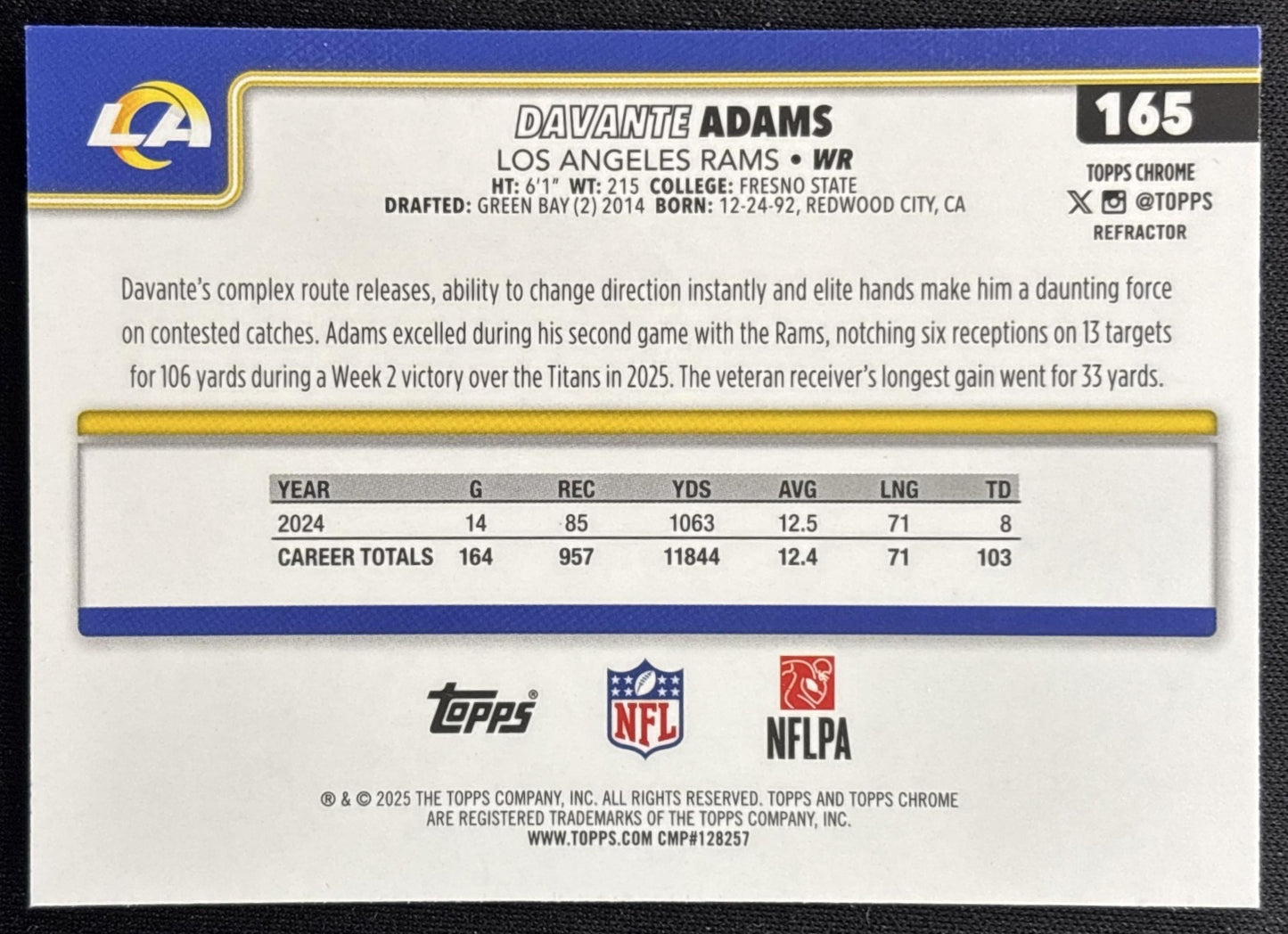 Davante Adams 2025 Topps Chrome Pulsar Refractor Rams Sports Trading Cards