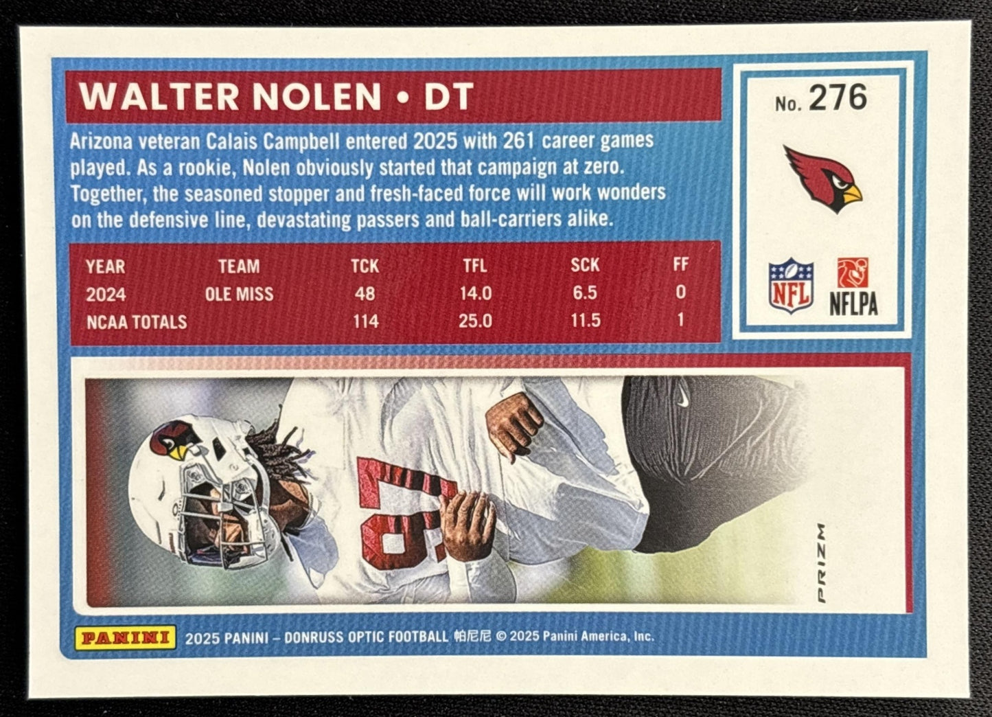 Walter Nolen 2025 Donruss Optic Rated Rookie Green Velocity Prizm Cardinals back