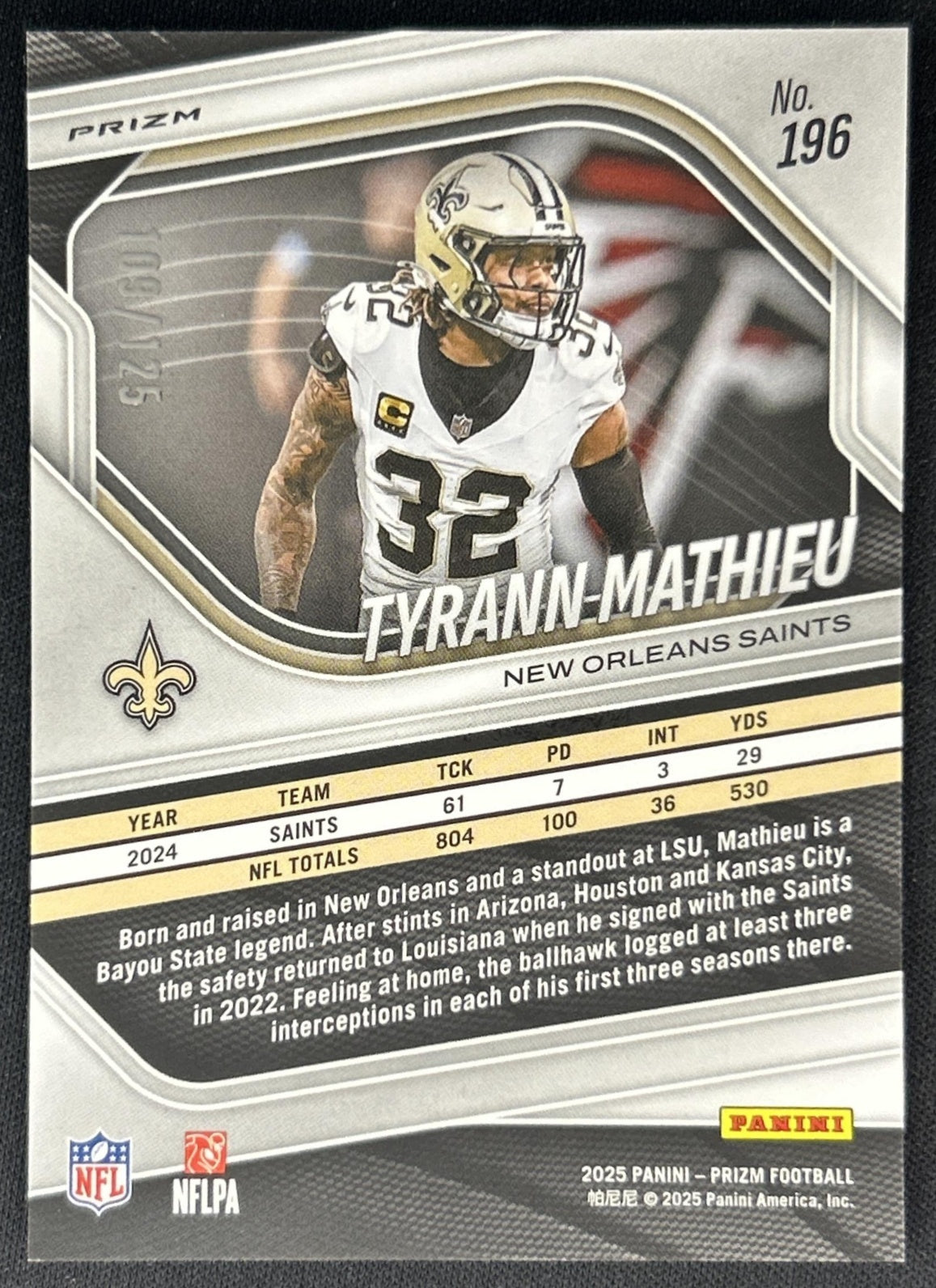 Tyrann Mathieu 2025 Panini Prizm No Huddle Blue /125 Saints back