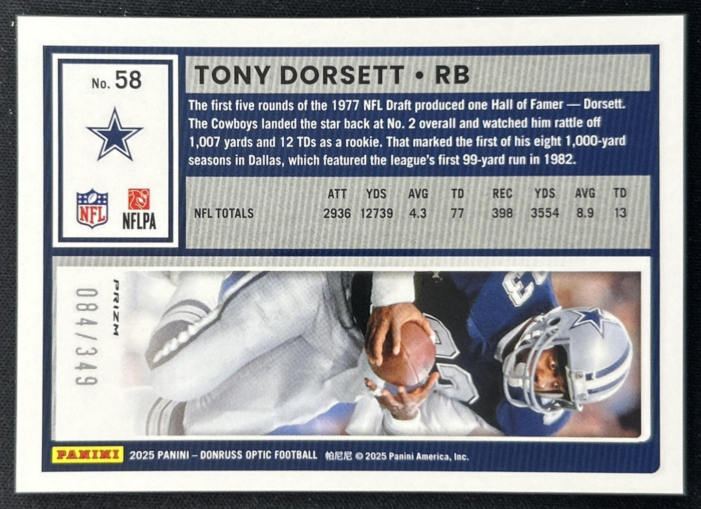 Tony Dorsett 2025 Panini Donruss Optic Aqua Prizm /349 Cowboys back