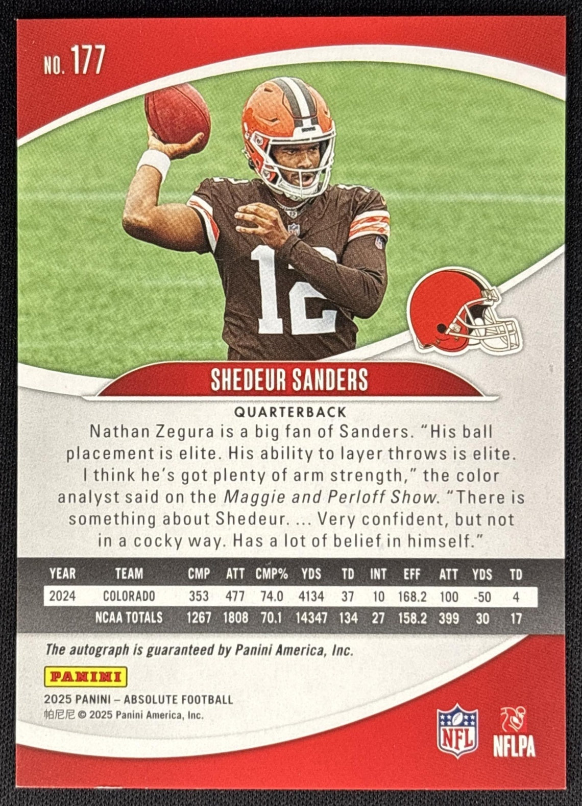 Shedeur Sanders 2025 Panini Absolute Signature Rookies Browns Sports Trading Card