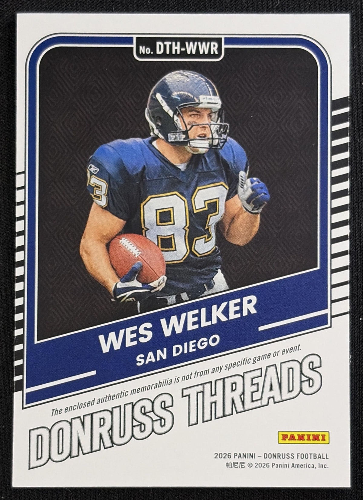 Wes Welker 2026 Panini Donruss Threads Prime /99 Chargers