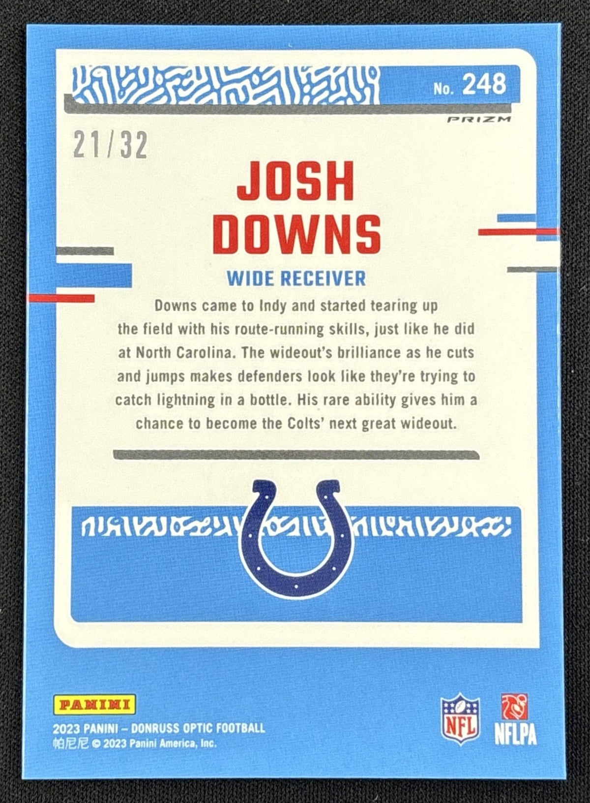 Josh Downs 2023 Panini Donruss Optic Shield Prizm /32 Colts