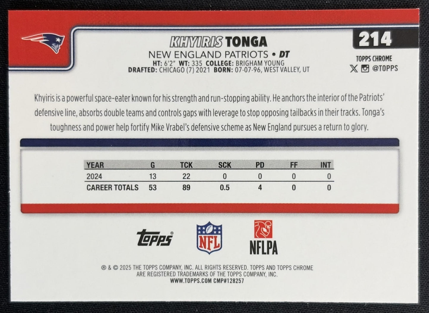 Khyiris Tonga 2025 Topps Chrome Neon Pulse Refractor Patriots back