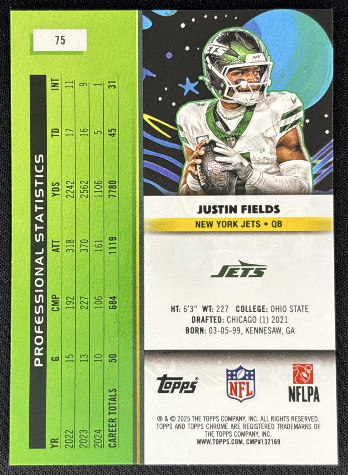 Justin Fields 2025 Topps Cosmic Chrome Aqua Equinox Refractor /199 Jets Back