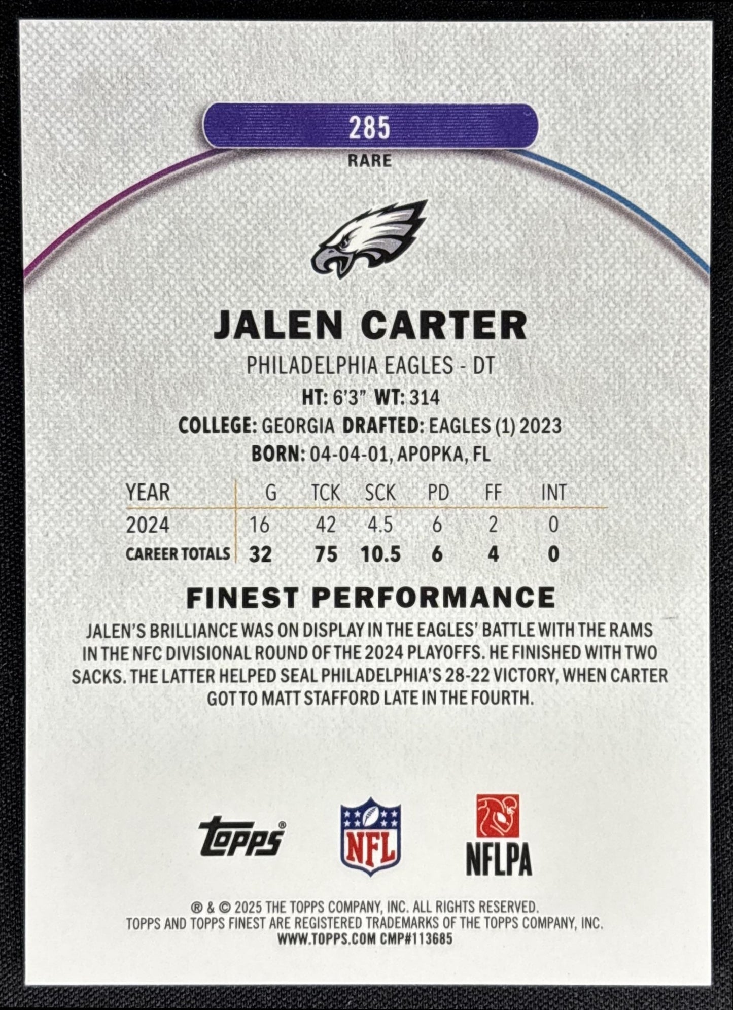 Jalen Carter 2025 Topps Finest Rare Sky Blue Refractor /150 Eagles