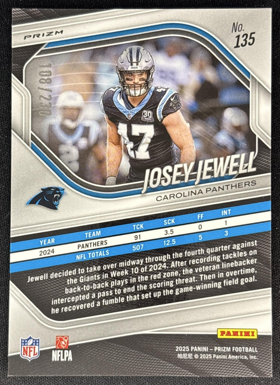 Josey Jewell 2025 Panini Prizm Blue Wave /230 Panthers Back