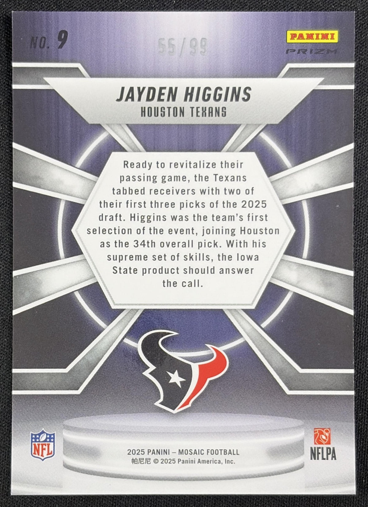Jayden Higgins 2025 Panini Mosaic Center Stage Blue Prizm /99 Houston Texans