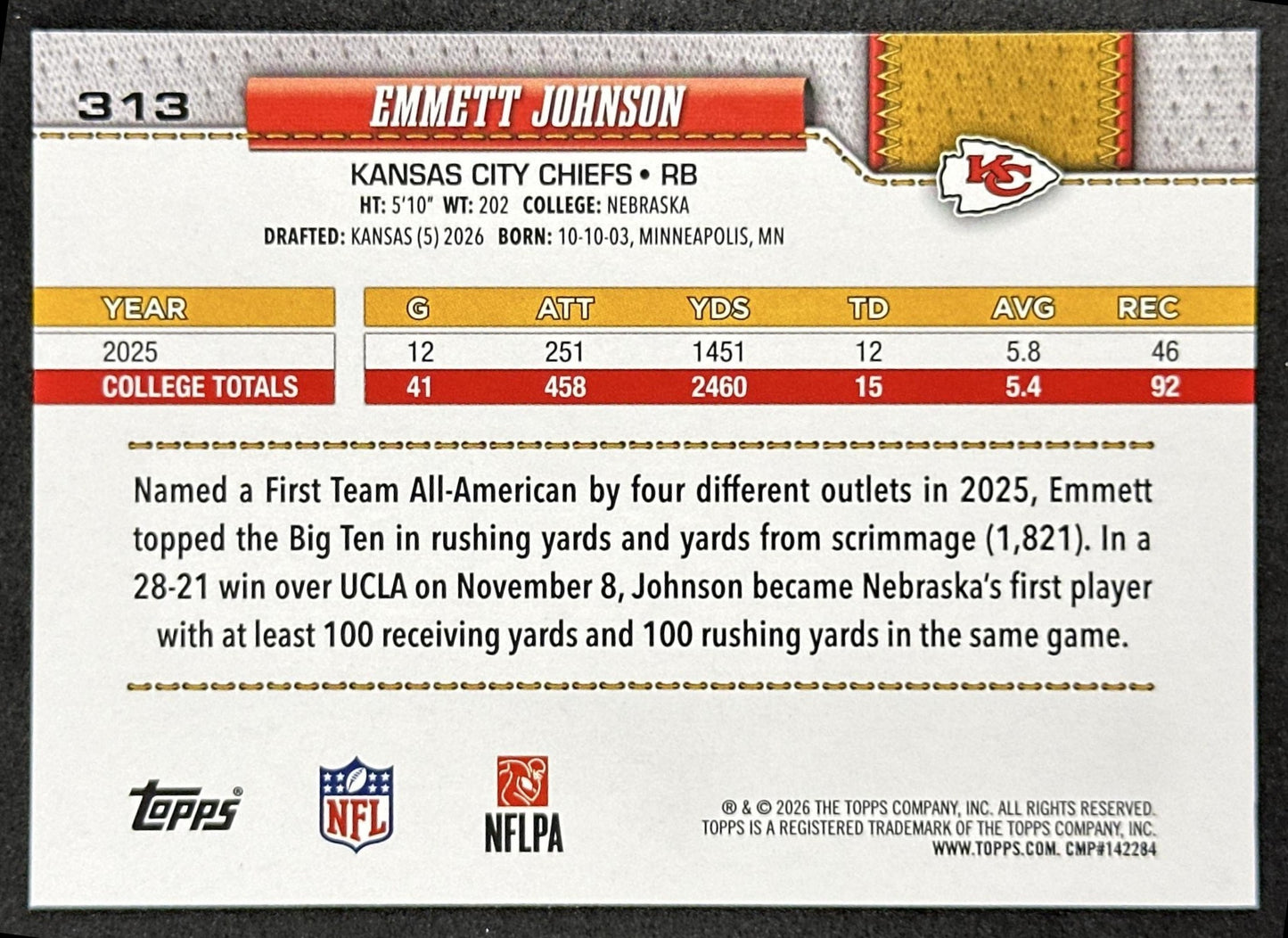 Emmett Johnson 2026 Topps Flagship Rookie Chiefs Sports Trading Cards