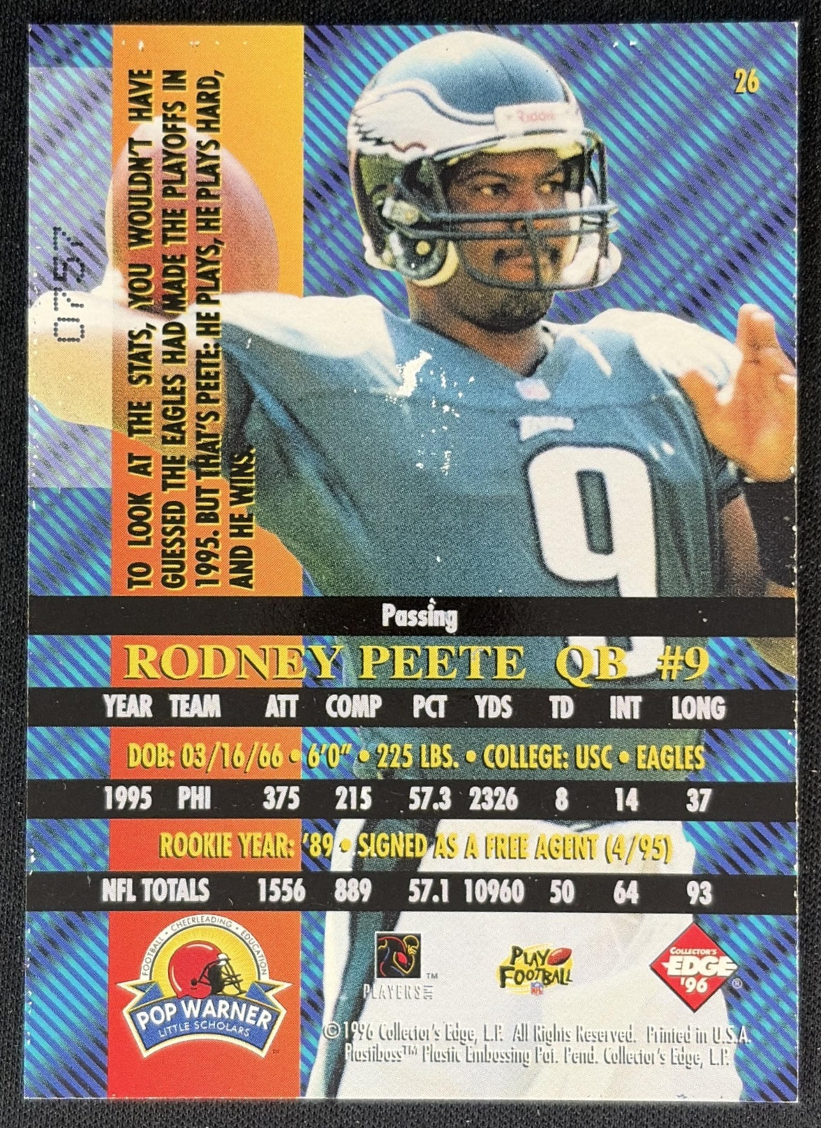 Rodney Peete 1996 Collector's Edge Advantage Eagles back