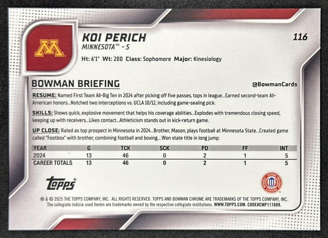 Koi Perich 2025 Chrome University Prospects Black & White Stealth Refractor /48 Golden Gophers Sports Trading Cards