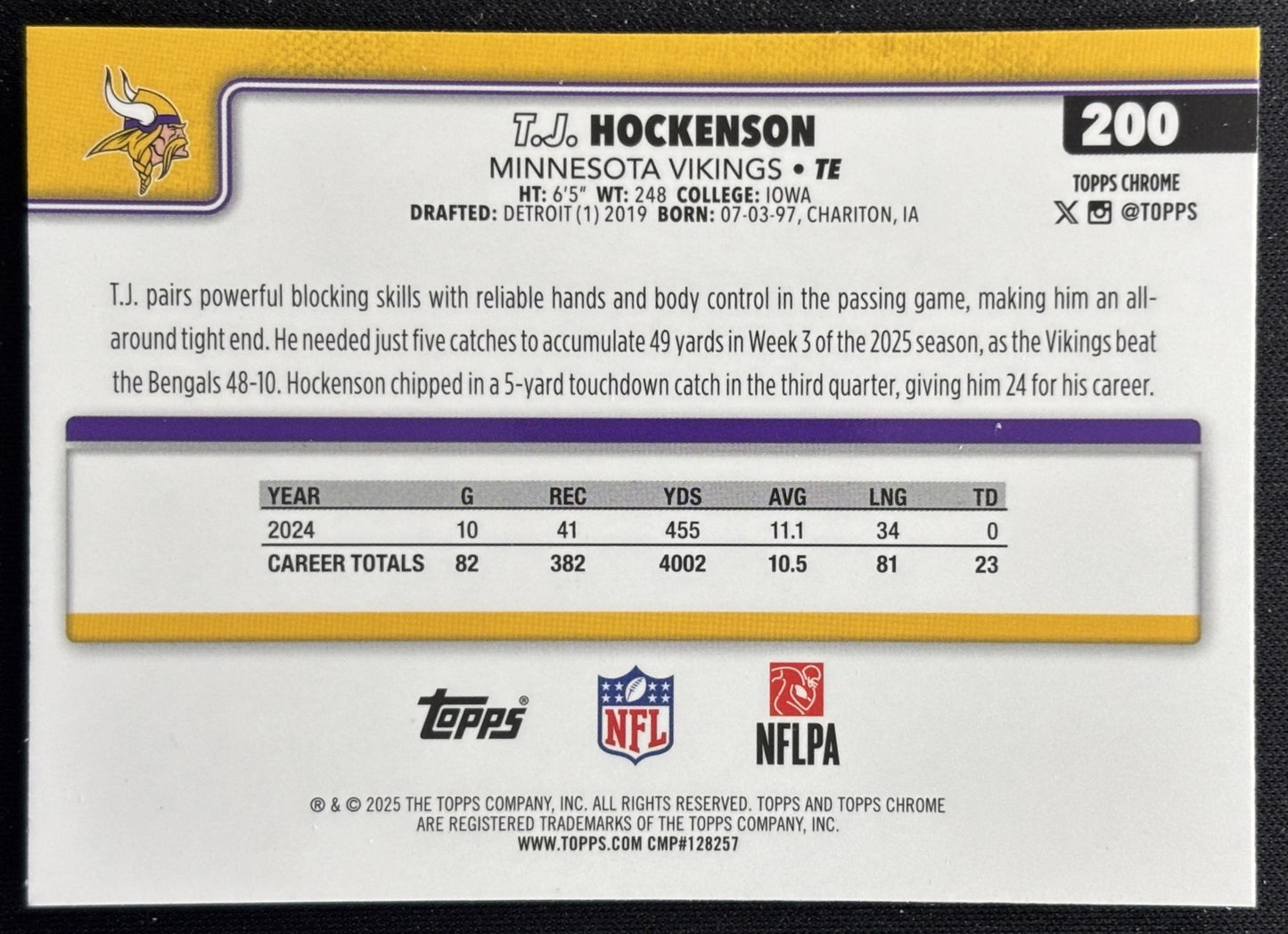 T.J. Hockenson 2025 Topps Chrome RayWave Refractor Vikings Sports Trading Cards