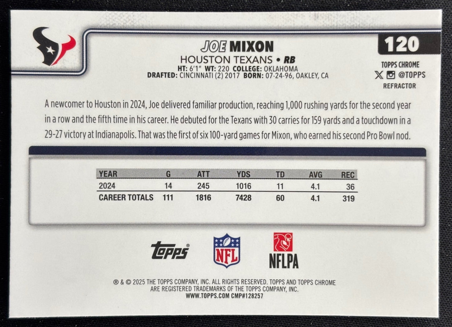 Joe Mixon 2025 Topps Chrome Refractor Texans Football