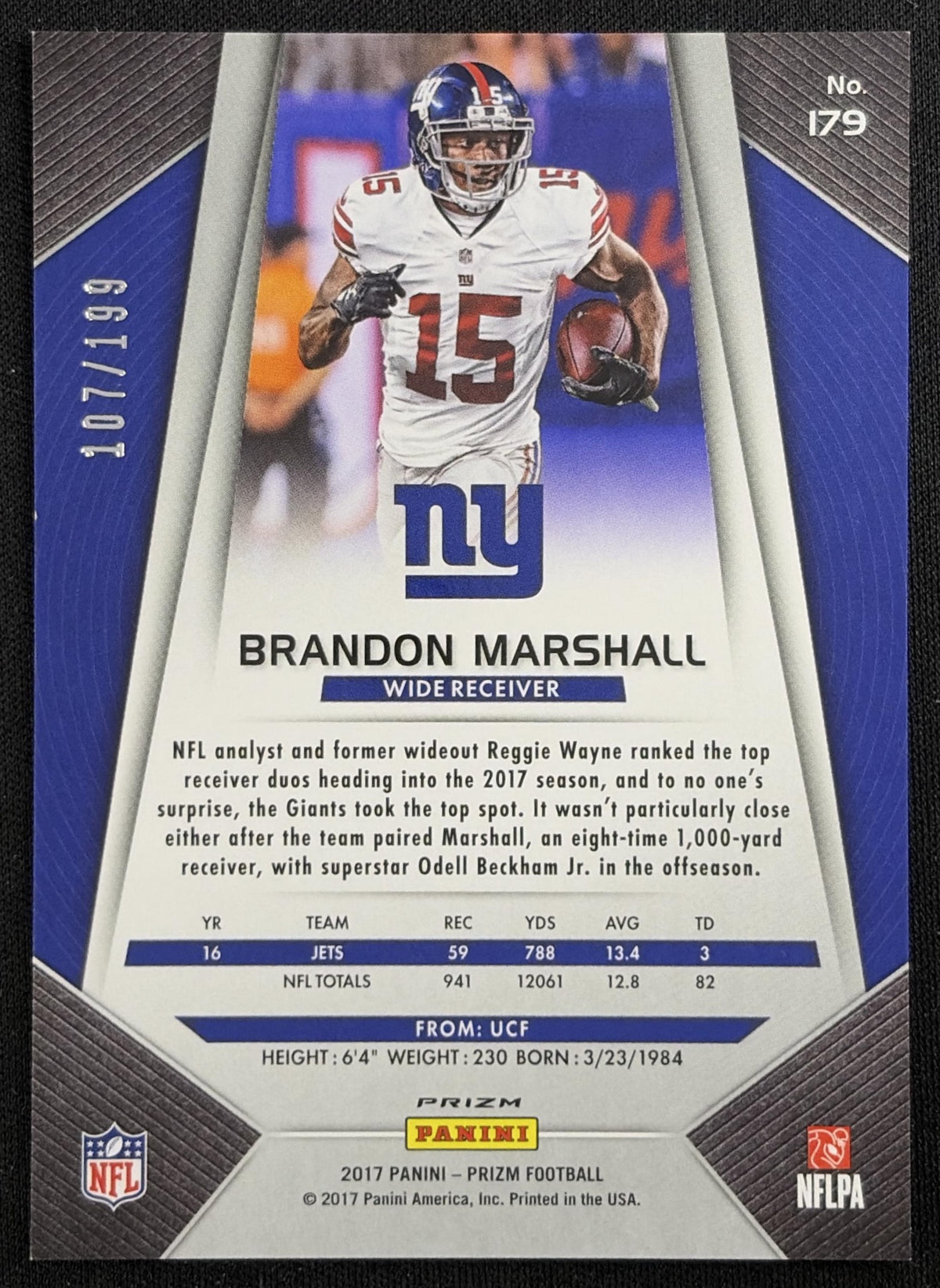 Brandon Marshall 2017 Panini Prizm Light Blue /199 Giants New York Giants Sports Trading Card