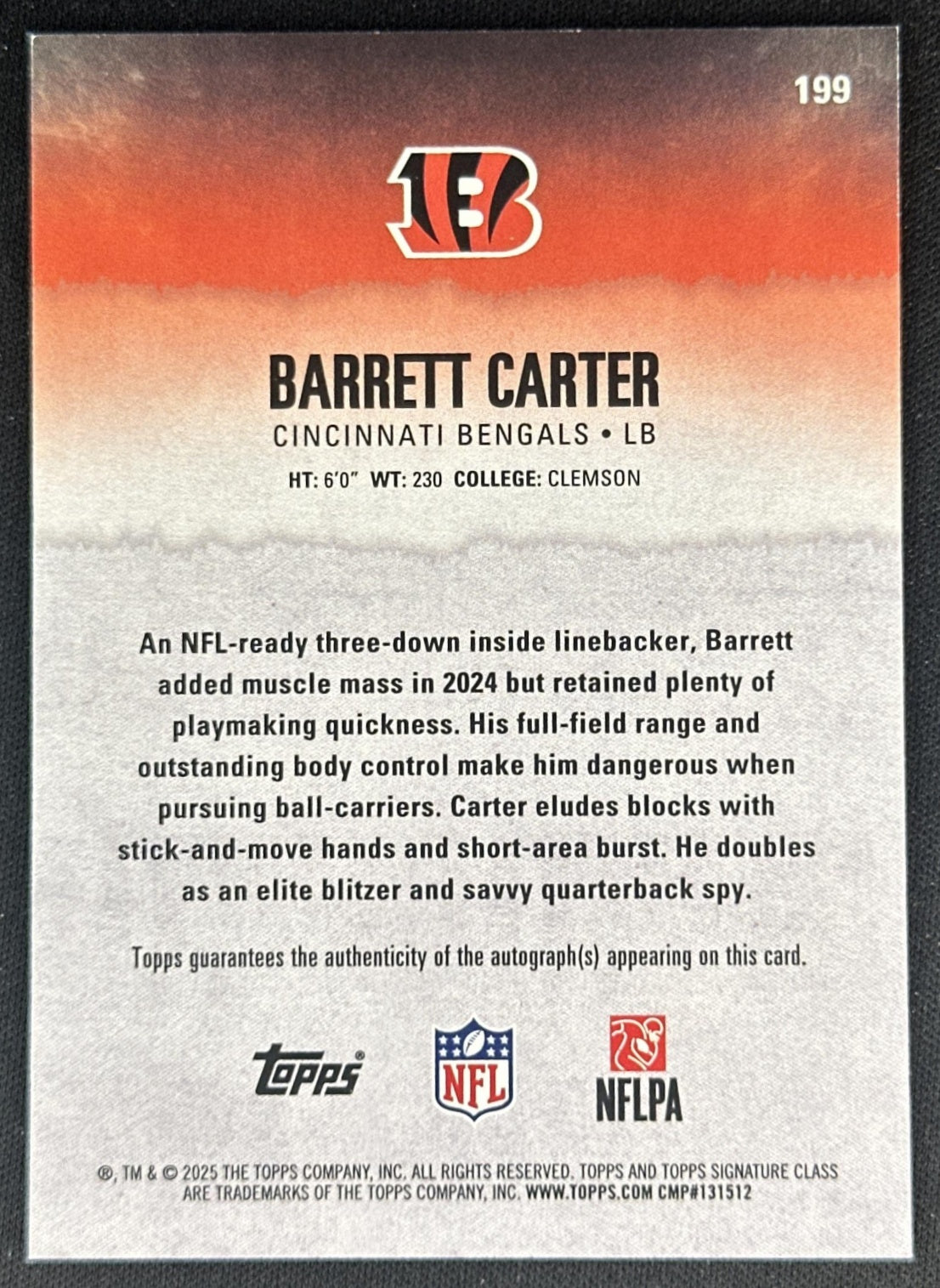 Barrett Carter 2025 Topps Signature Class Rookie Auto Bengals Sports Trading Cards