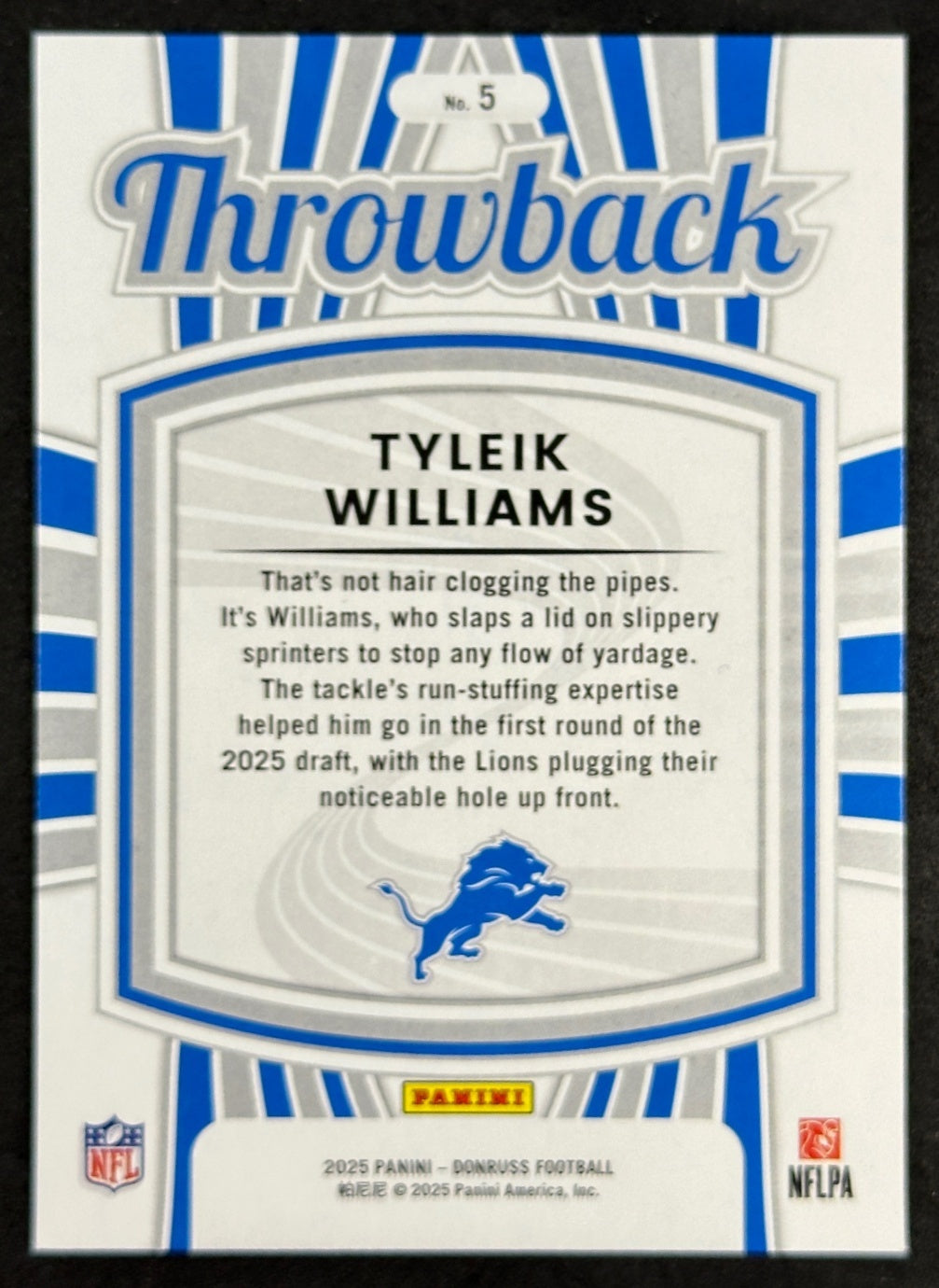 Tyleik Williams 2025 Donruss Rated Rookie Throwback Lions Sports Trading Card