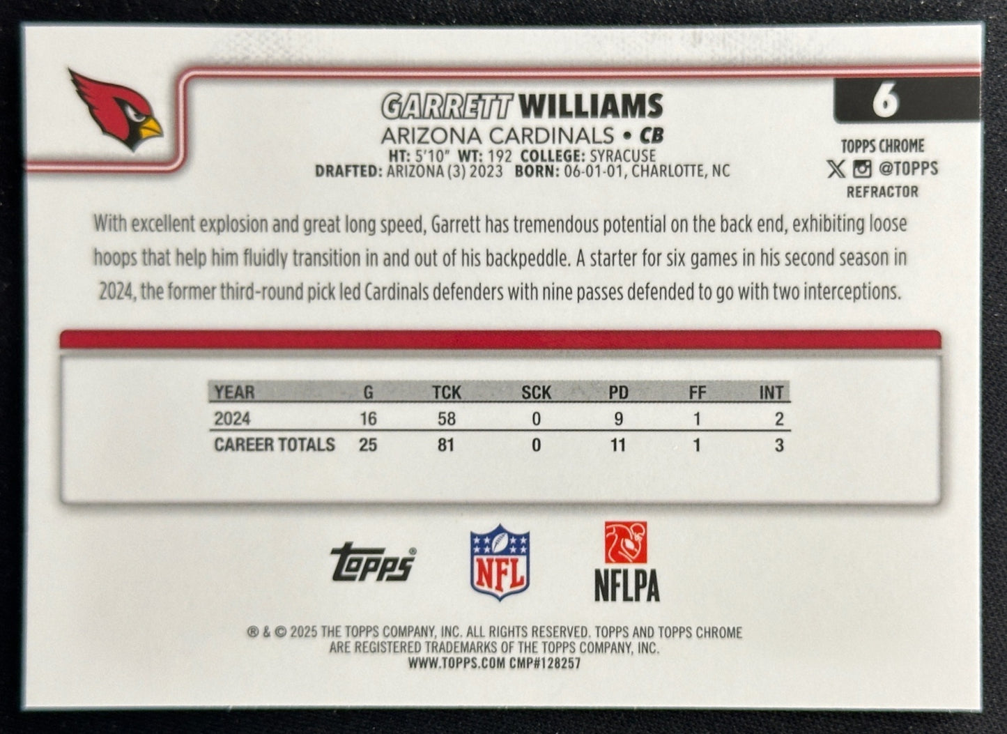 Garrett Williams 2025 Topps Chrome Refractor Cardinals Sports Trading Cards
