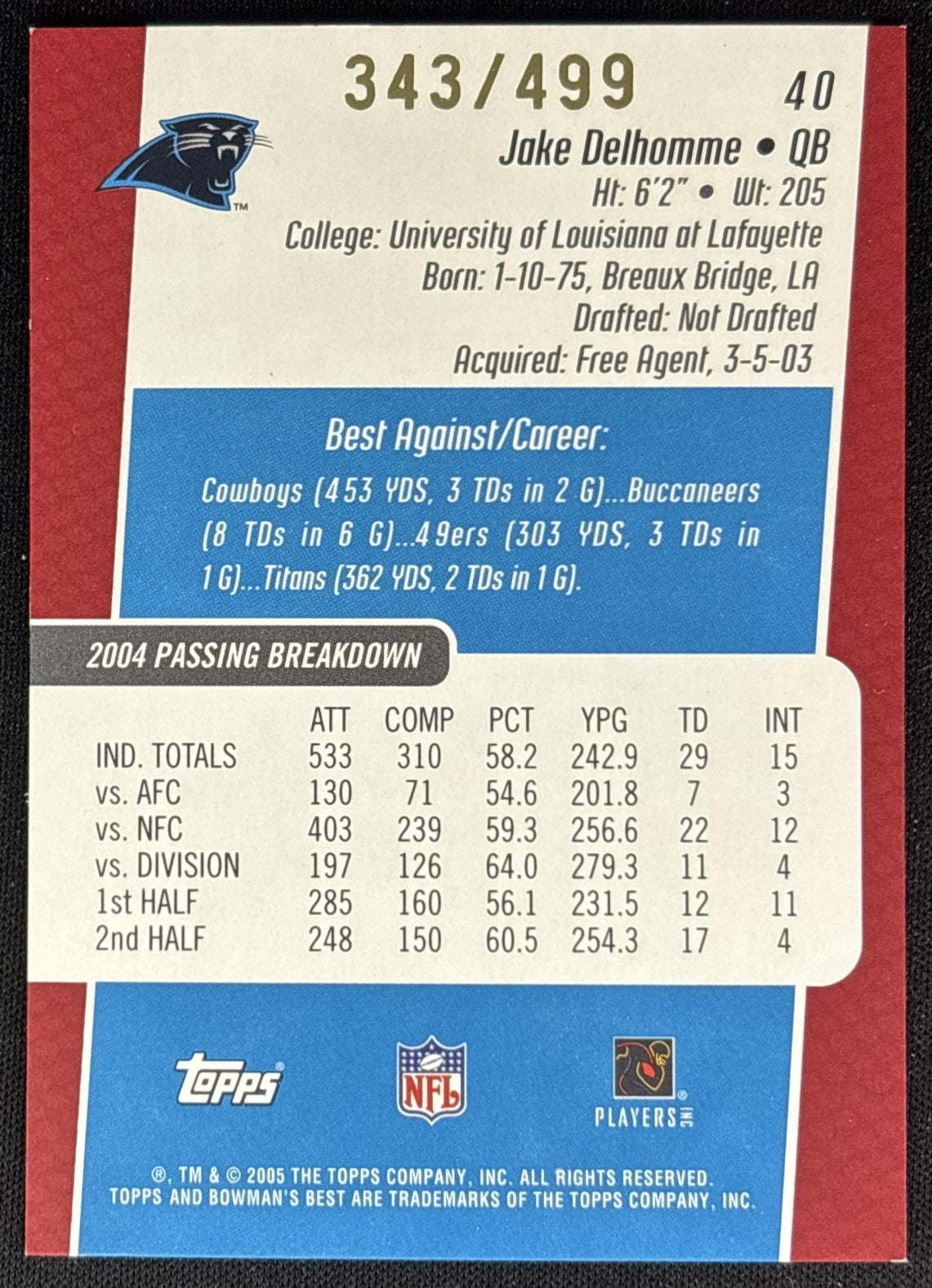 Jake Delhomme 2005 Bowman's Best Red /499 Panthers Sports Trading Cards