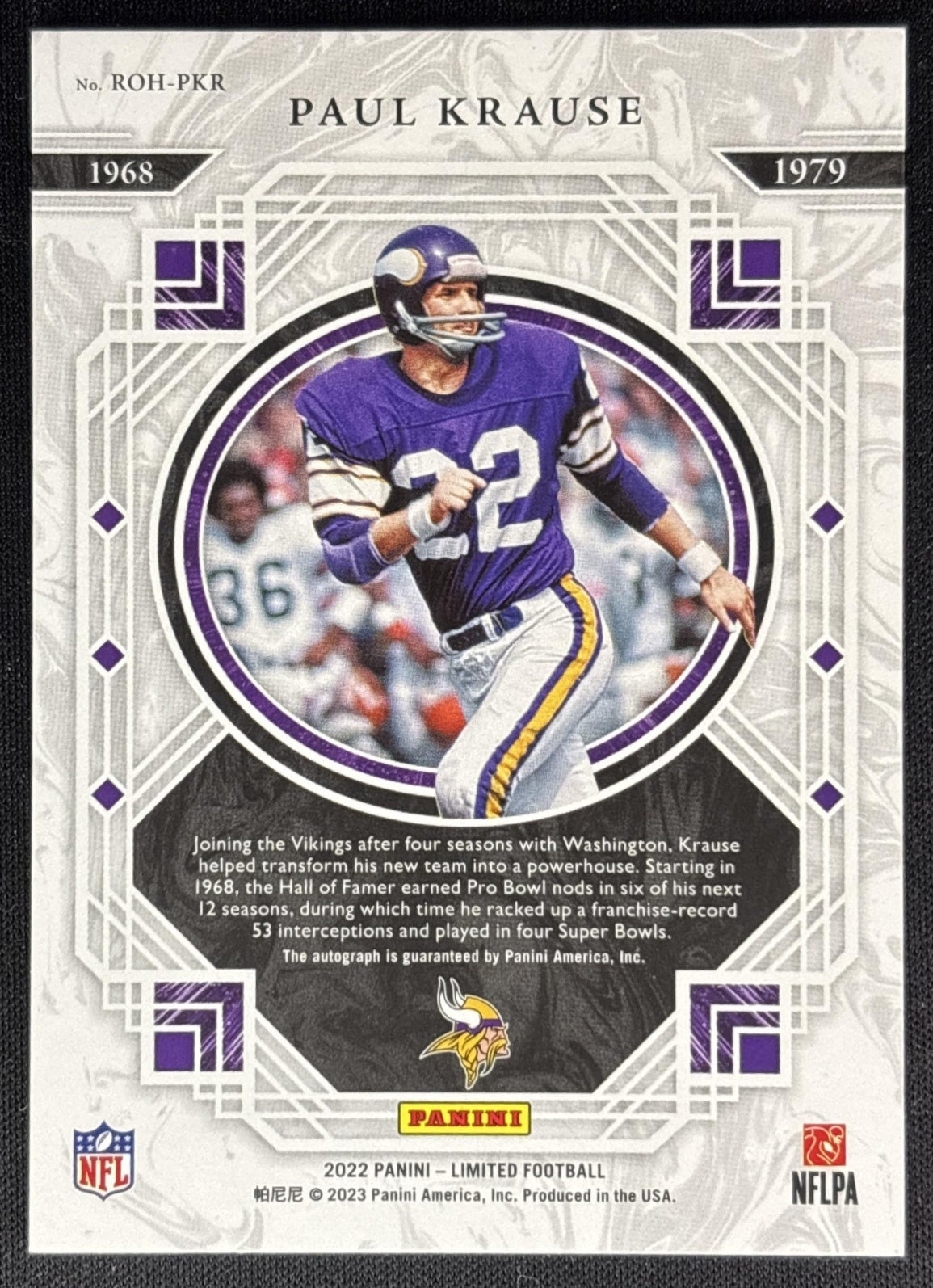 Paul Krause 2022 Panini Limited Ring of Honor Auto /99 Vikings Sports Trading Cards