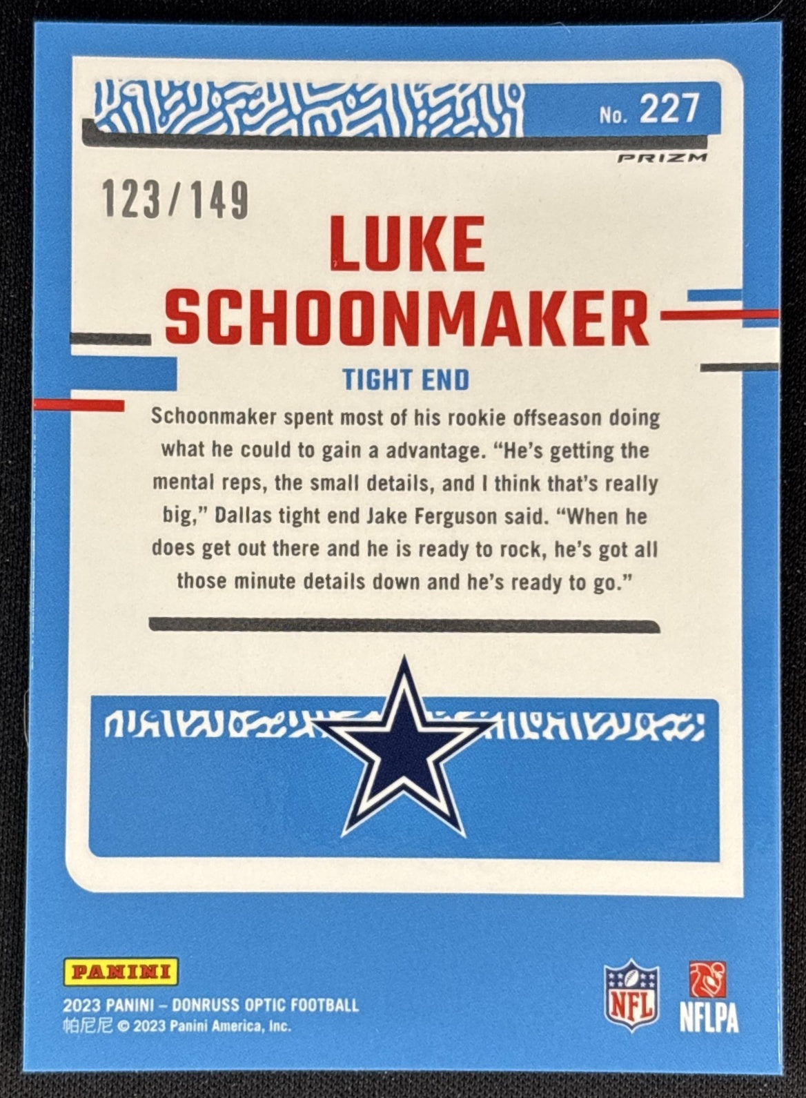 Luke Schoonmaker 2023 Panini Donruss Optic Flex Emoji Prizm /149 Cowboys Back