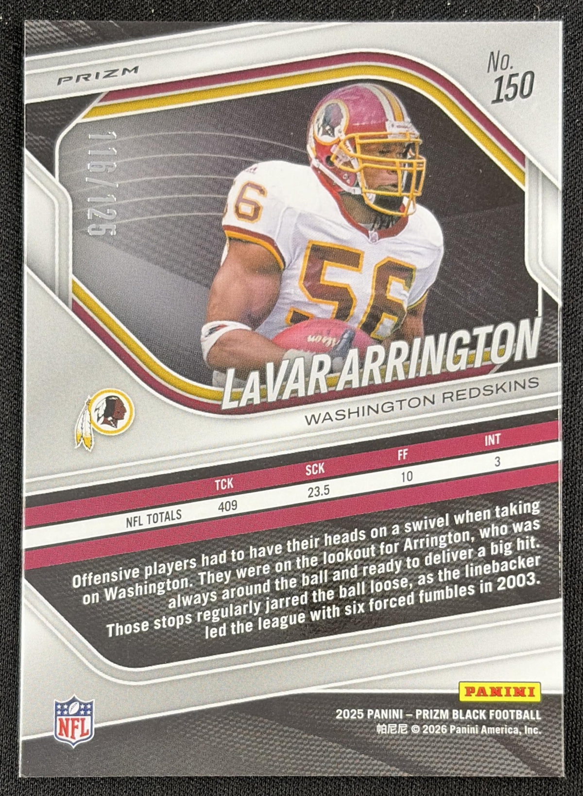 LaVar Arrington 2025 Panini Prizm Black Blue Ice /125 Redskins